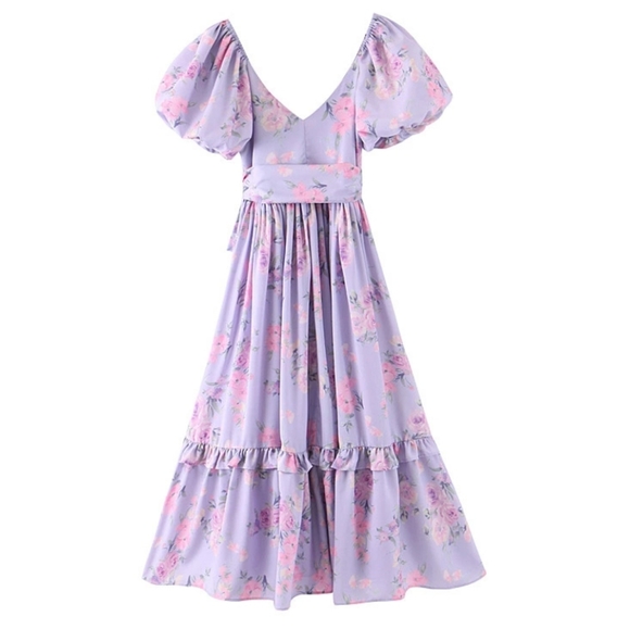 Lilac Floral Puff Sleeve High Waist Surplice Maxi Dress with Bow - Picture 7 of 16